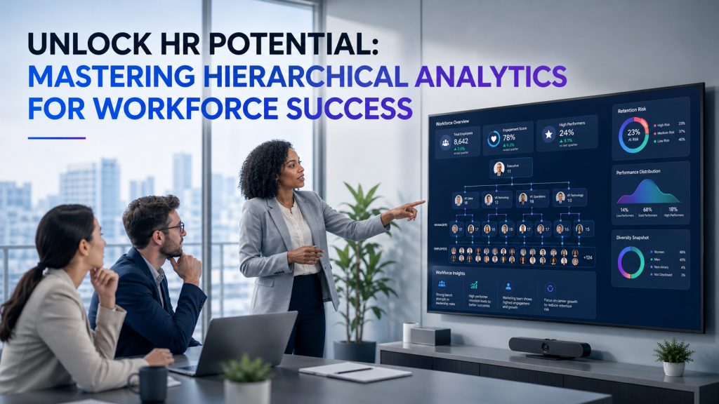 Corporate team reviewing hierarchical HR analytics dashboard on a TV screen to improve workforce performance and retention