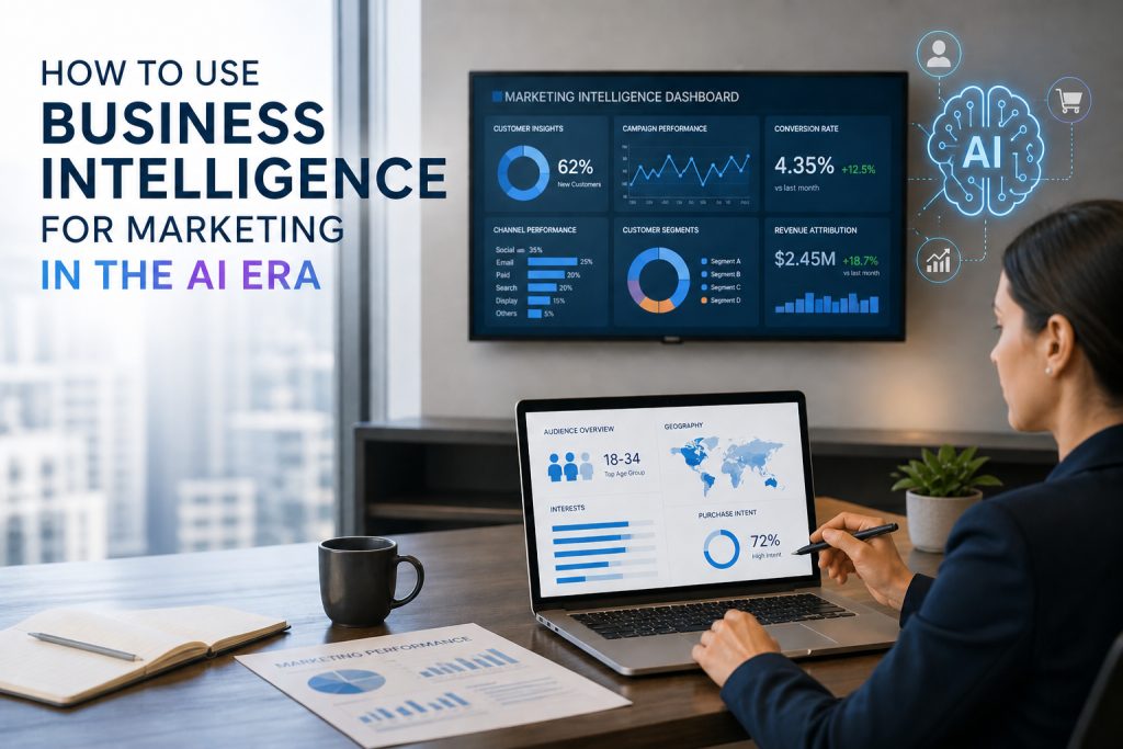 Marketing professional analyzing business intelligence dashboard on laptop and TV to drive data-driven decisions in the AI era